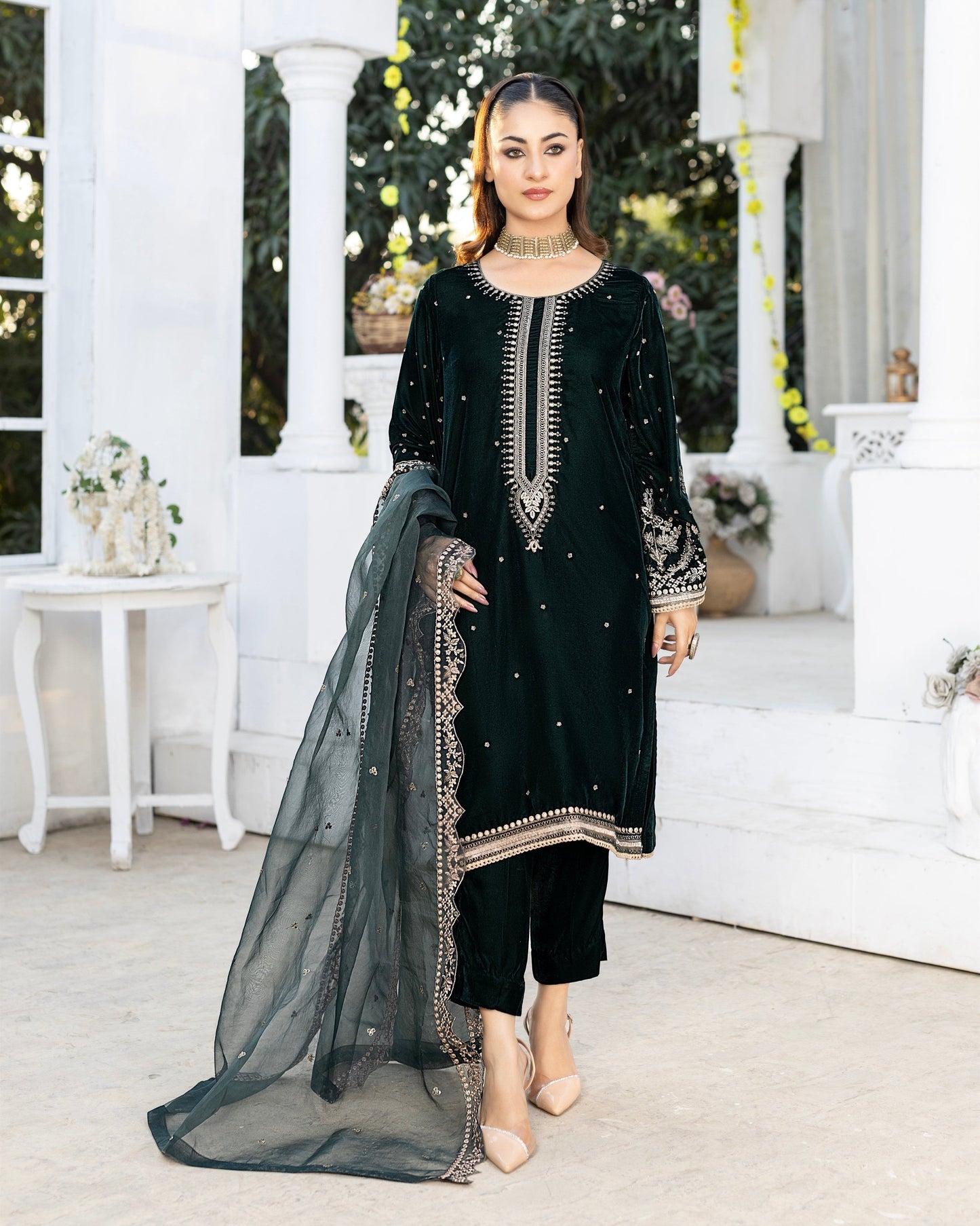 3 Pcs Emerald Green Velvet Dress