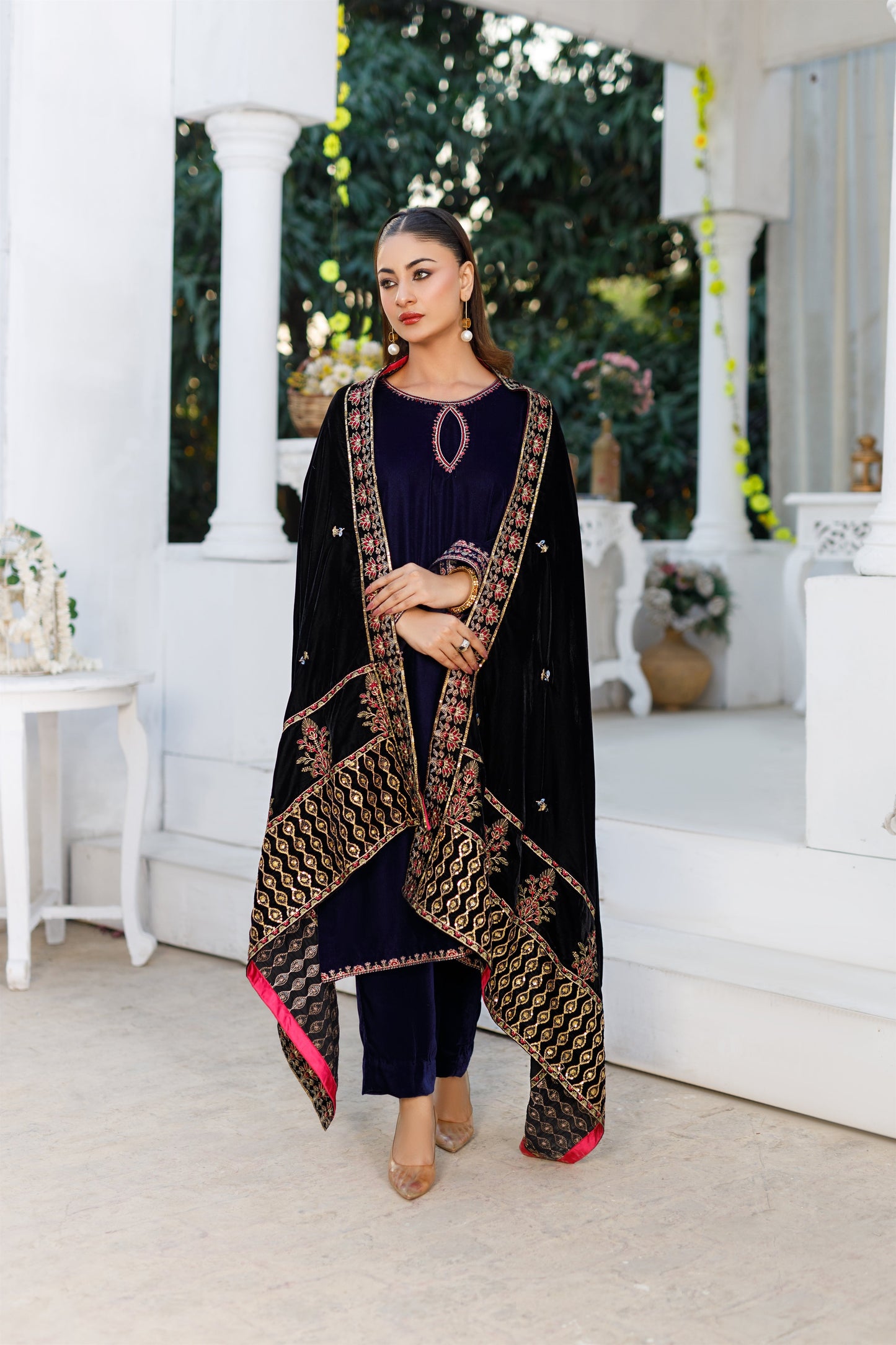 Velvet Black Shawl With Border