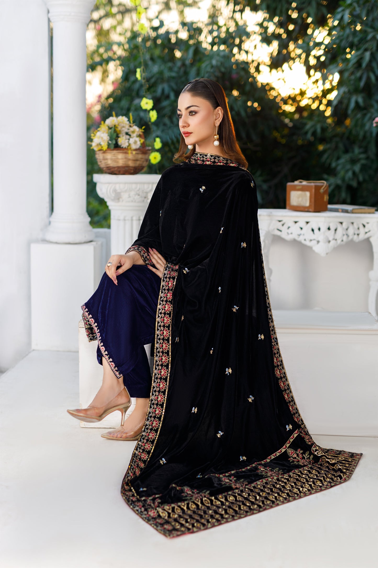 Velvet Black Shawl With Border