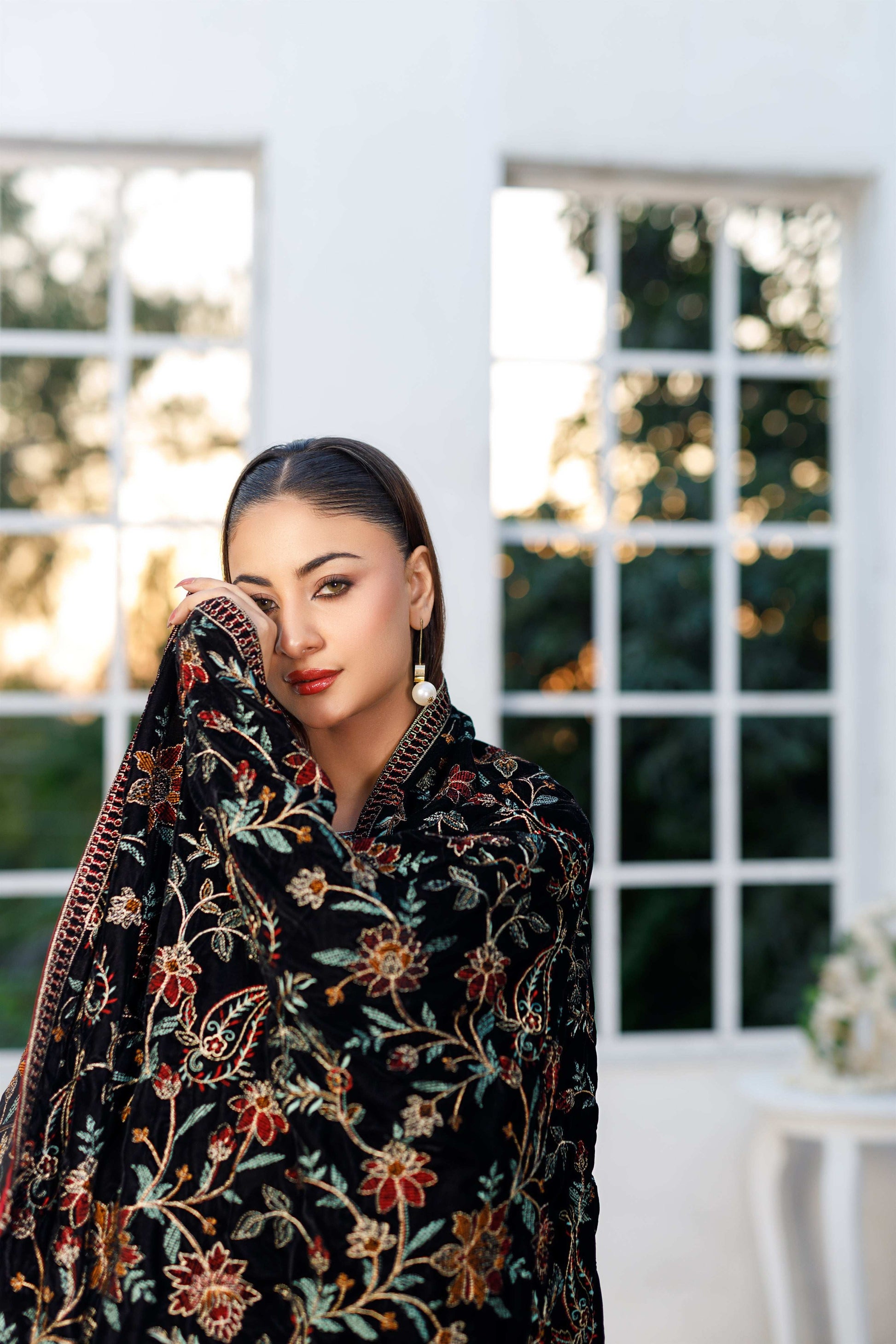 Black Velvet Shawl with All-Over Tilla Embroidery