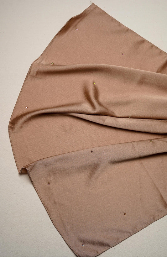 Beads Satin Silk Hijab -  Ivory Brown